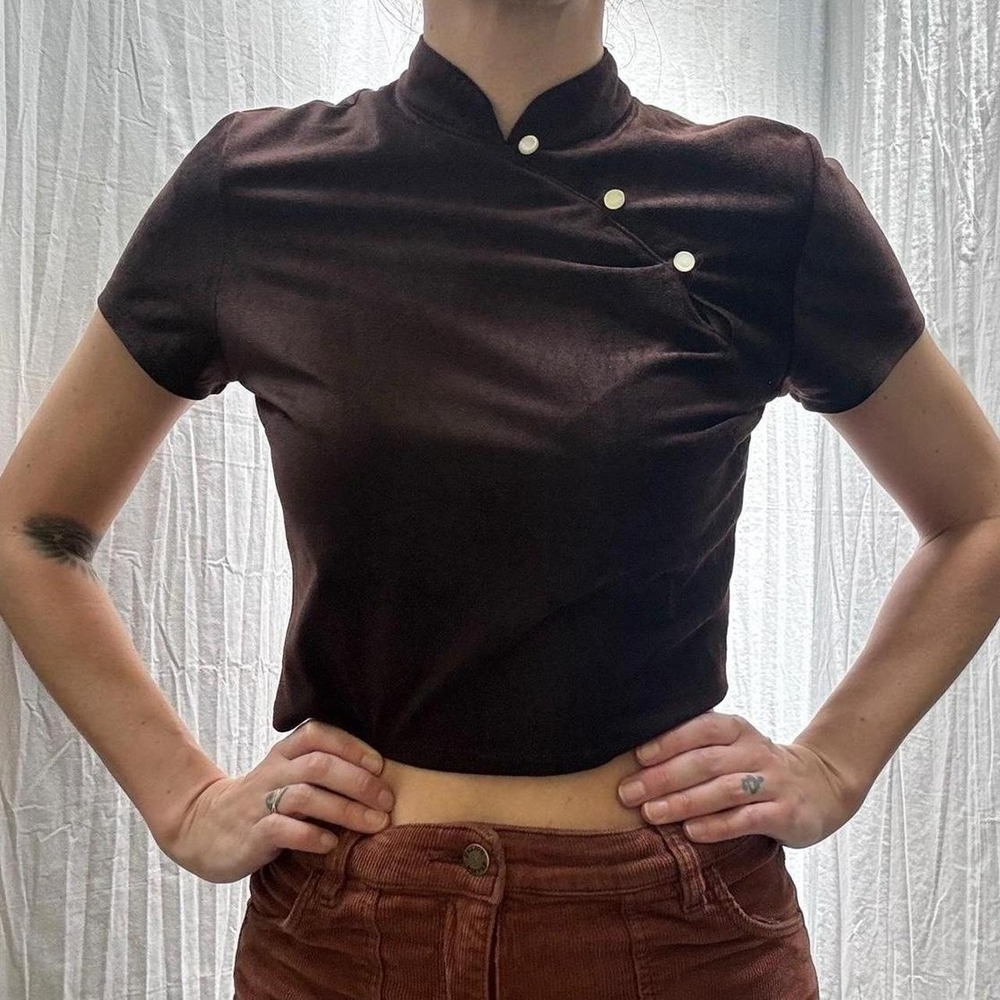 Brown Velvet Mandarian Collar Crop Top Vintage 90s/Y2K Small Hot Kiss Grunge Alt - Picture 2 of 8